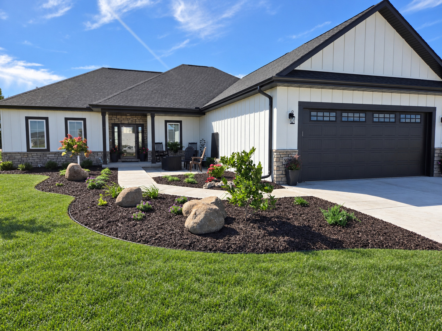 Wide view of a white home with curved mulched planting beds, flowering shrubs, landscape boulders, a concrete walk, and green lawn.