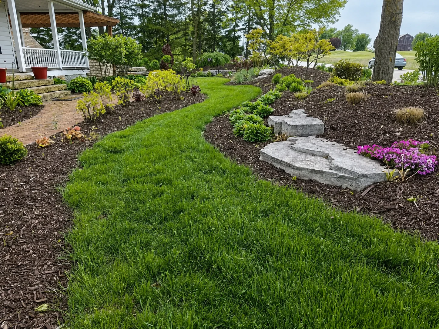 Curved green lawn surrounded by flowers, shrubs, and ornamental trees