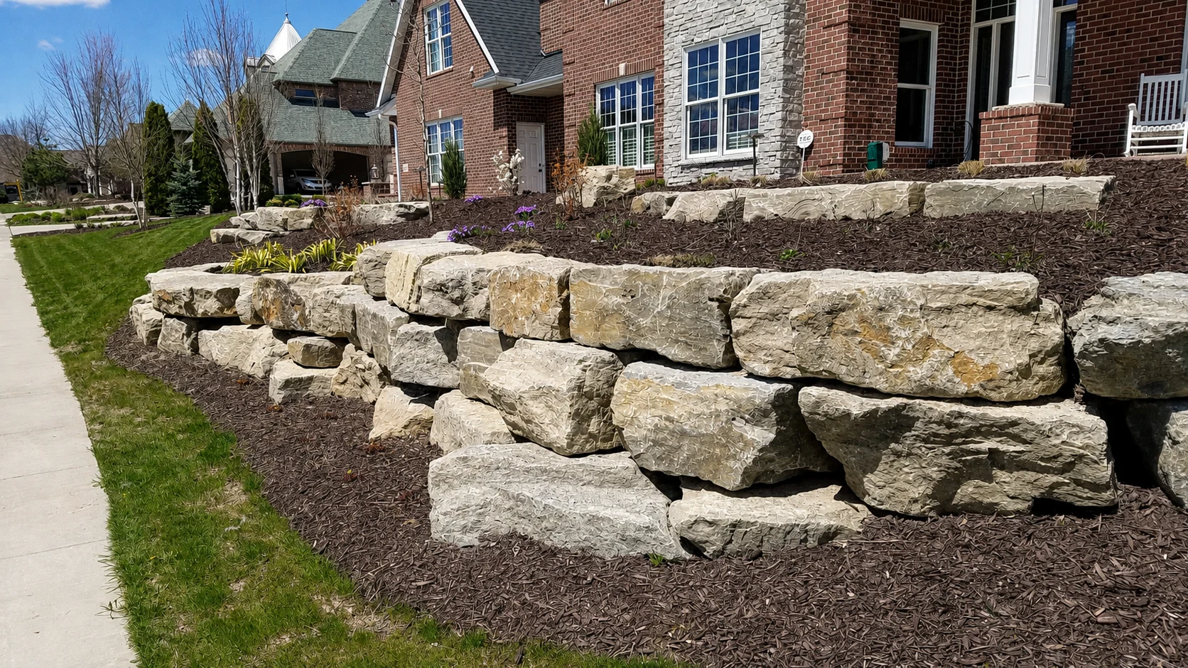 Long natural stone terrace wall on a sloping front yard