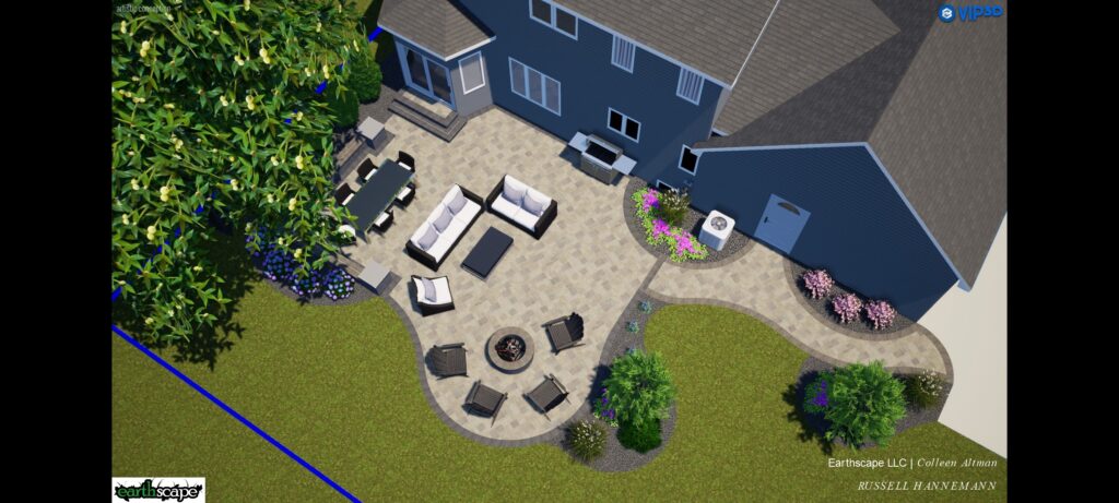 Aerial view of a large backyard patio with multiple seating areas.